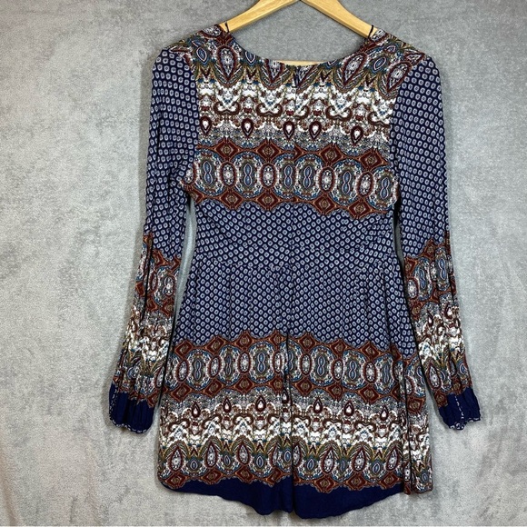 Anna Grace Dress Small Blue Boho Western Print Rayon Long Sleeve Lined - Picture 5 of 13
